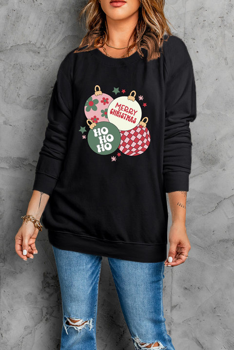 Black Floral Letter Christmas Ball Printed Crewneck Pullover Sweatshirt