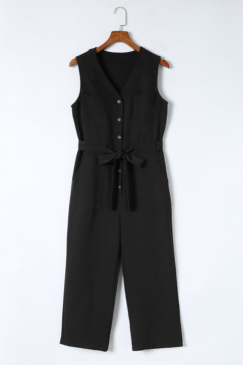 Buttoned Sleeveless Cropped Jumpsuit with Sash