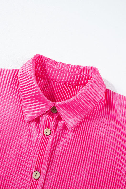 Bright Pink Satin Pleated Short Sleeve Shirt