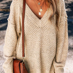 Parchment Loose Eyelet V Neck Drop Shoulder Sweater