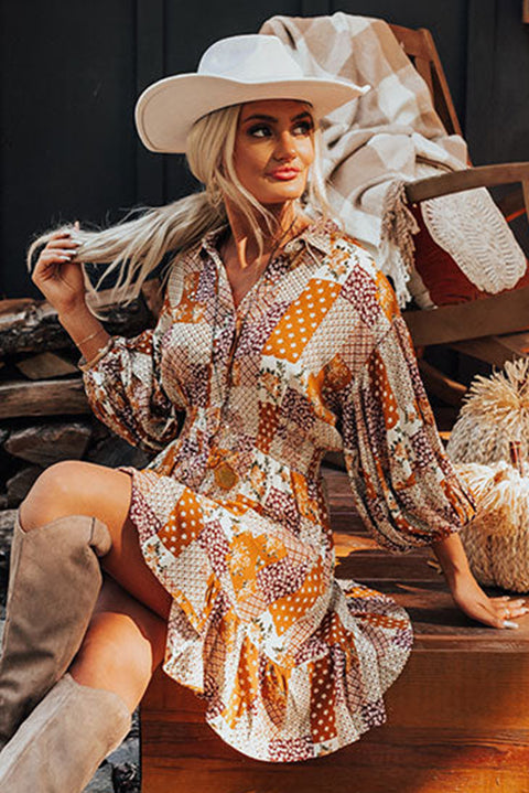 Orange Boho Floral Puff Sleeve Smocked Waist Mini Shirt Dress