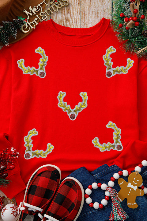 Red Christmas Deer Horn Patched Graphic Sweatshirt