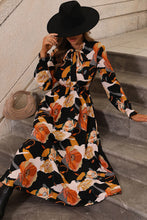 Orange Floral Print Tie Neck Long Sleeve Dress