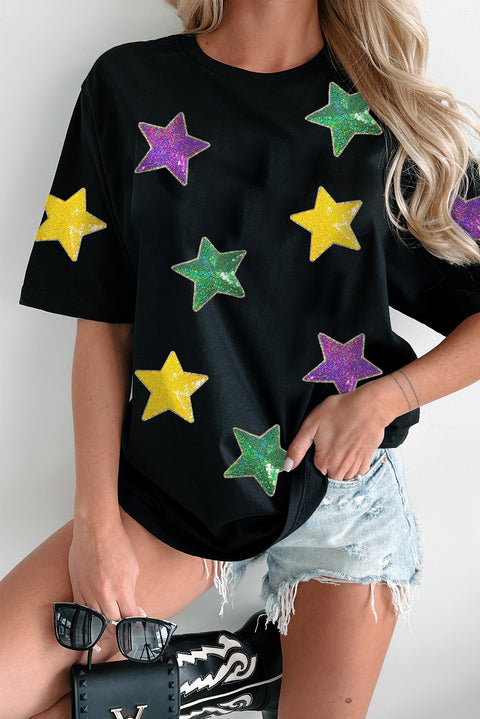 Black Colorful Sequin Stars Patched Relaxed T Shirt