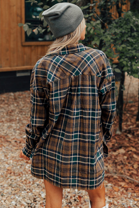 Brown Plaid Print Chest Pockets Buttoned Shirt Jacket