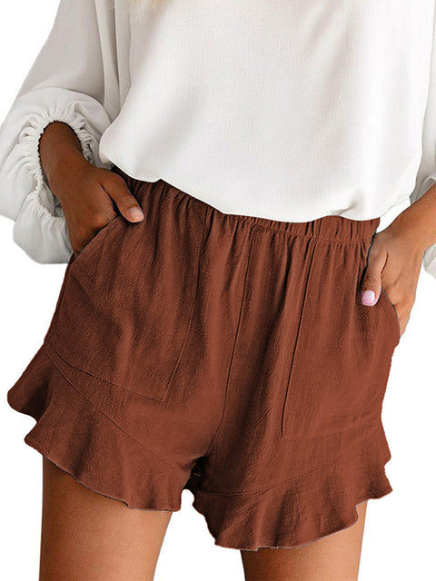 Brown High Waist Pocketed Ruffle Shorts