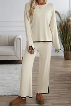 Apricot Contrast Trim Split Cuffs Long 2pcs Sweater Outfit Loungewear