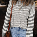 Gray Stripe Geometric Textured Drop Shoulder Sweater