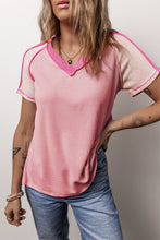 Pink Exposed Seam Color Block Knitted V Neck T-shirt