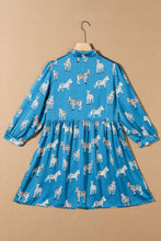 Blue Printed Zebra Pattern Pleated Shirt Tunic Dress