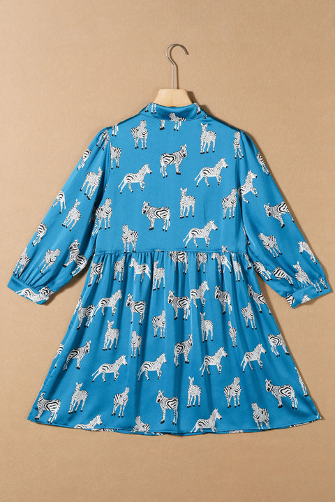 Blue Printed Zebra Pattern Pleated Shirt Tunic Dress