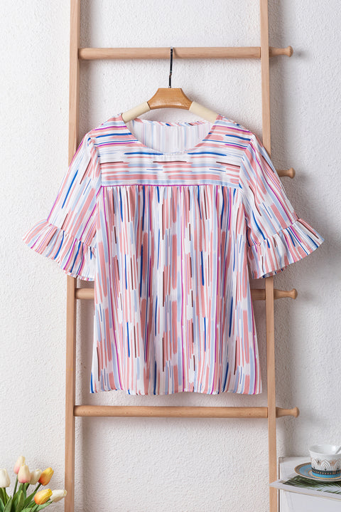 White Multicolor Striped Splash Half Sleeve Blouse