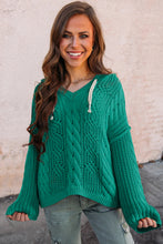 Sea Green Cable Knit V Neck Contrast Drawstring Hooded Sweater