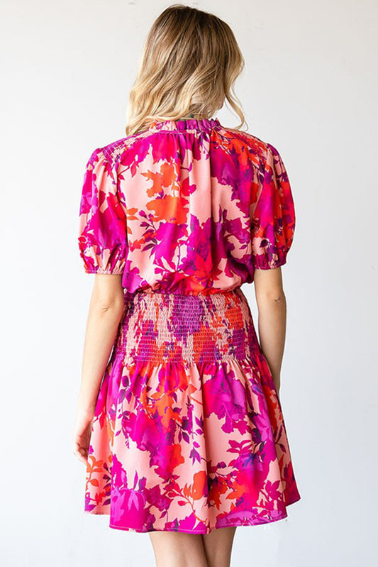 Floral Smocked Waist Bubble Sleeve Flare Dress