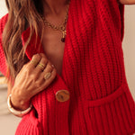 Fiery Red Solid Textured Knit Side Pockets Buttoned Sweater Vest