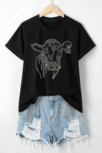 Black Rhinestone Steer Head Graphic Fashion T Shirt