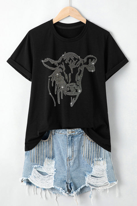 Black Rhinestone Steer Head Graphic Fashion T Shirt