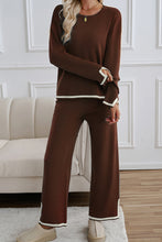 Coffee Contrast Trim Split Cuffs Long 2pcs Sweater Outfit Loungewear