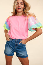 Pink Sequin Colorblock Striped Puff Sleeve Top