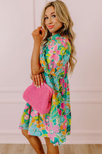 Green Floral Puff Sleeve Collar Buttoned Babydoll Dress