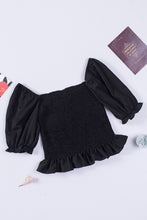 Black Smocked Puffy Sleeve Ruffled Top