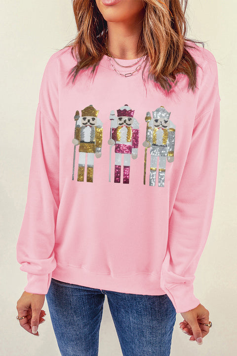 Pink Christmas Nutcracker Patched Drop Shoulder Sweatshirt