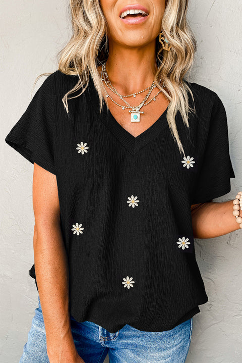 Black Crinkled Daisy Embroidered V Neck T Shirt