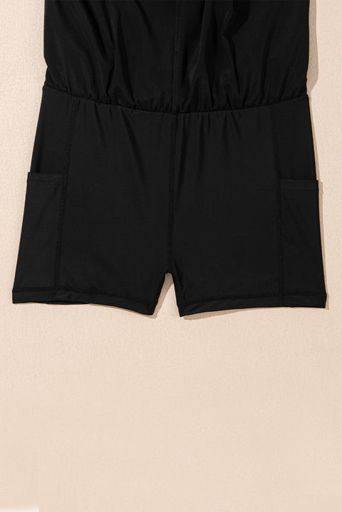 Black High Waisted Drawstring 2-in-1 Side Pocket Color Block Bikini Shorts