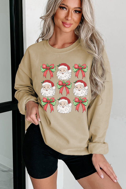 Parchment Christmas Santa Claus Bowknot Print Drop Shoulder Sweatshirt