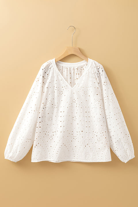 White Eyelet Embroidered Puff Sleeve V Neck Blouse