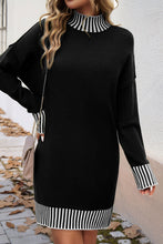 Black Striped Trim Mock Neck Dropped Long Sleeve Sweater Mini Dress