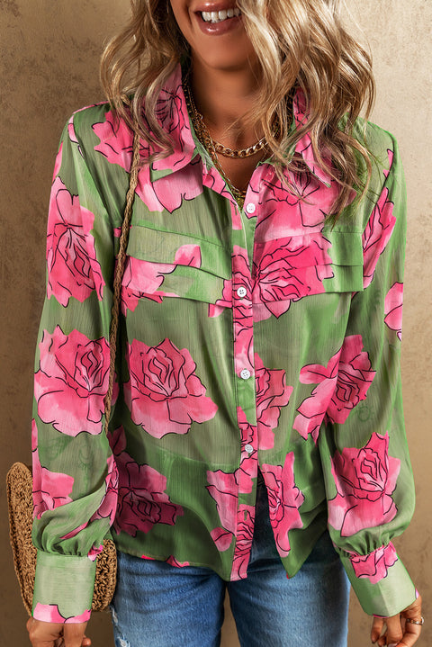 Camisa con manga abullonada y detalle plisado con estampado floral verde