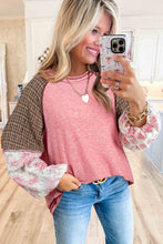 Fushia Mixed Print Patchwork Raglan Ribbed Knit Top