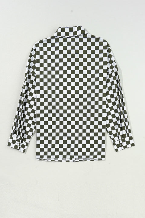 Green Checkerboard Printed Drop Shoulder Loose Casual Shirt