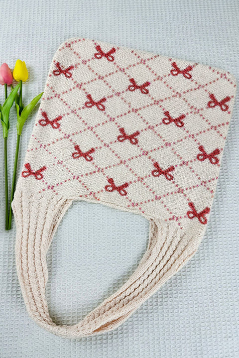 Fiery Red Bow Argyle Pattern Cable Knit Handle Tote Bag