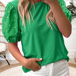 Bright Green Ribbed Pearl Beaded Puff Sleeve Top