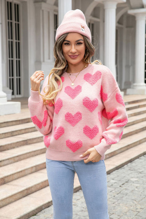 Light Pink Valentineâ€™s Day Heart Jacquard Knit Sweater