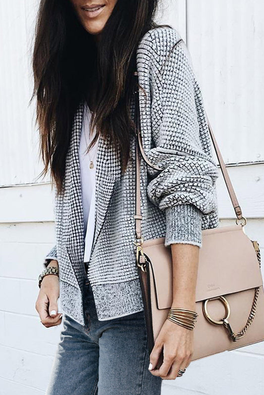 Grey Plaid Contrast Trim Open Front Cardigan