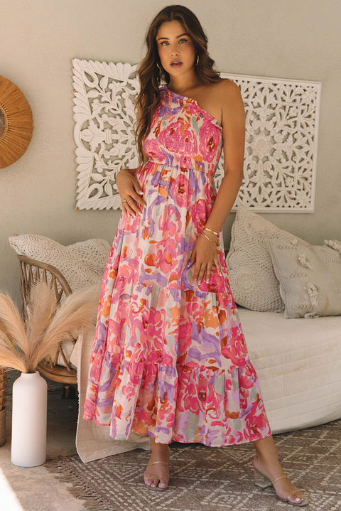 Pink Abstract Floral Print Shirred One Shoulder Maxi Dress