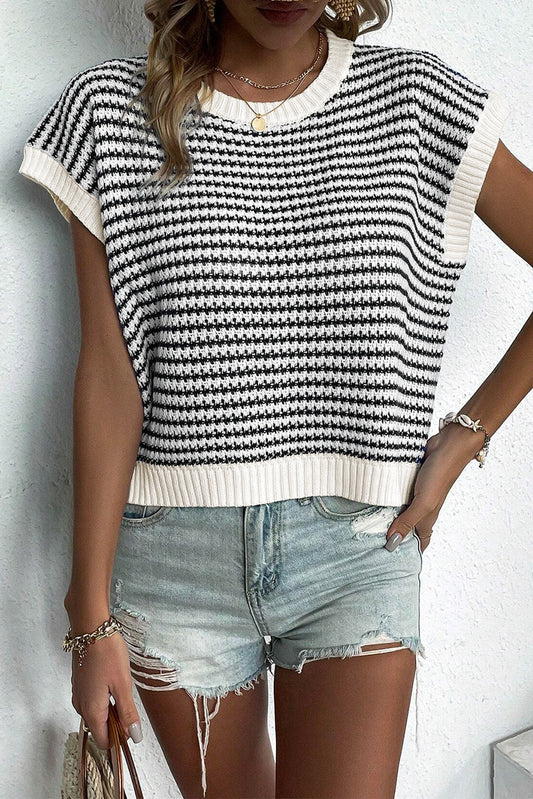 Black Stripe Ribbed Trim Loose Fit Knitted Sweater Vest