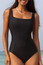 Black Solid Criss Cross Backless Square Neck One Piece Swimsuit