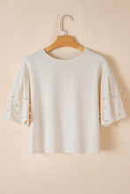 White Pearled Puff Sleeve Round Neck Loose Top