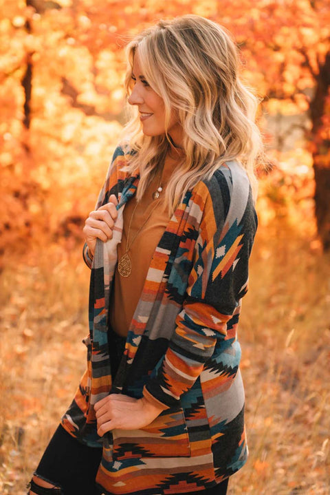 Orange Western Tribal Aztec Print Cardigan