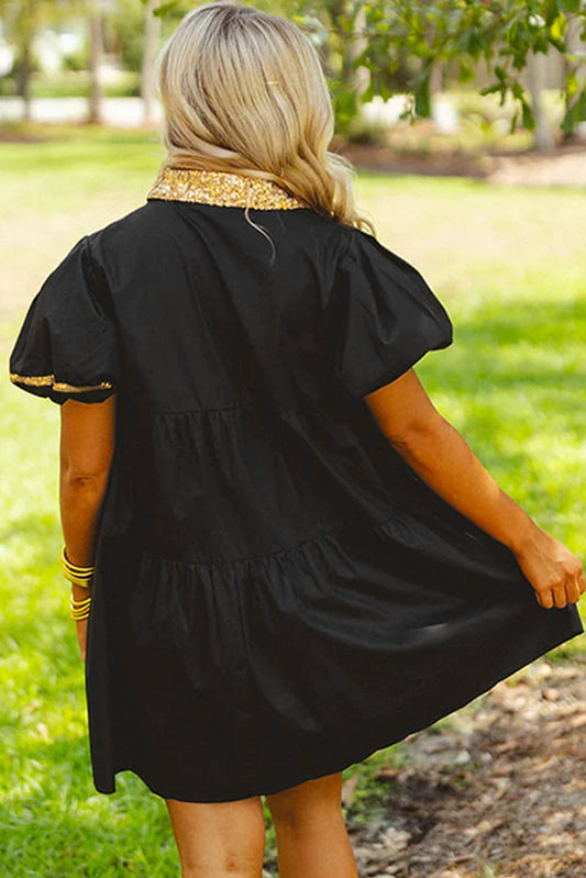 Black Sequin Trim Bubble Sleeve Game Day Shirt Dress