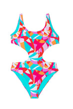 Purple Abstract Geometry Print Daring Cutout Reversible One Piece Swimsuit