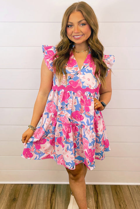 Pink Floral Printed V Notched Ric Rac Flutter Sleeve Dress