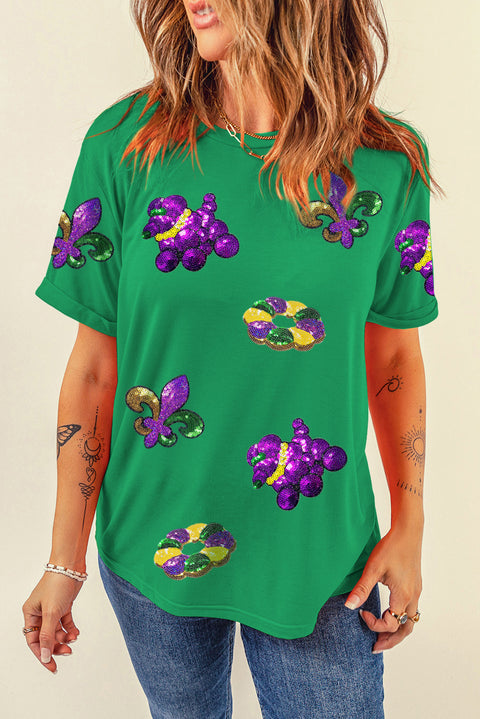 Bright Green Mardi Gras Sequin Patched Graphic Tee