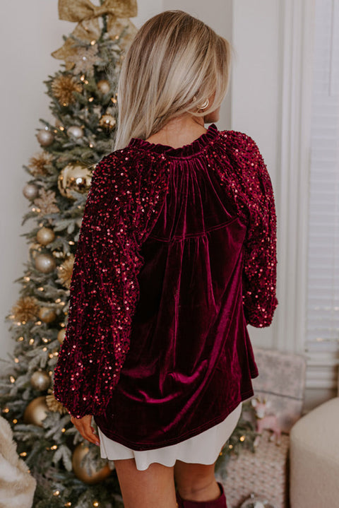 Red Dahlia Sequin Patchwork Sleeve Button Up Velvet Top