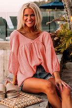 Pink Textured V Neck Bracelet Sleeve Babydoll Blouse