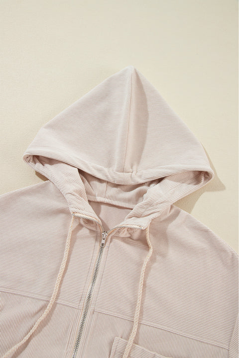 White Corduroy Drawstring Hooded Pocket Zip Up Jacket